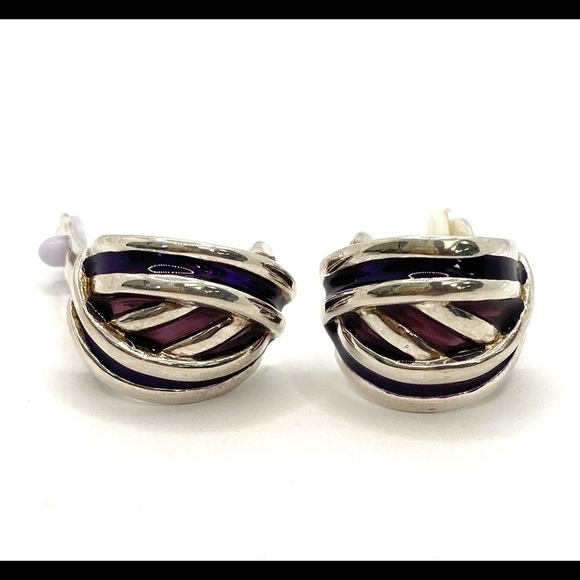 Clip Ons Clips Earrings Silver Tone Purple Maroon Enamel - Picture 11 of 11